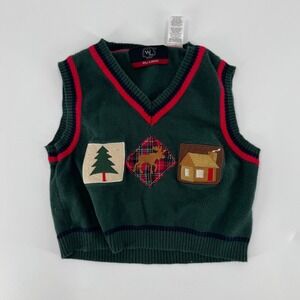 Will Logan Kids 2T Green V-Neck Holiday Vest Christmas Tree Moose Cabin Applique